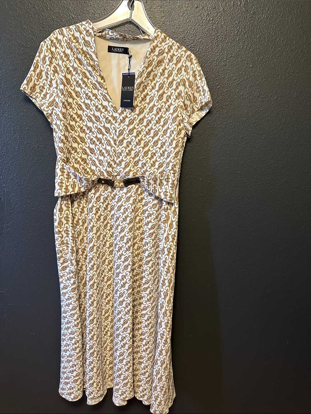 LAUREN Ralph Lauren Beige & White Chain-Print Midi Dress